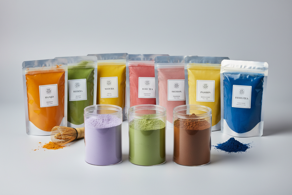 Bubble tea powder containers used for cafe menu preparation