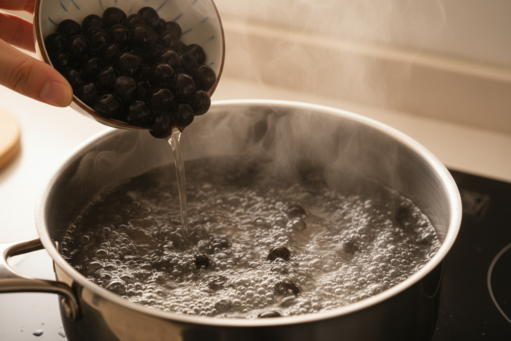 Cooked tapioca pearls prepared for bubble tea service