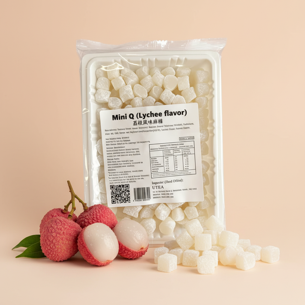 A pack of lychee-flavoured mini mochi with white mochi pieces and whole and peeled lychees.
