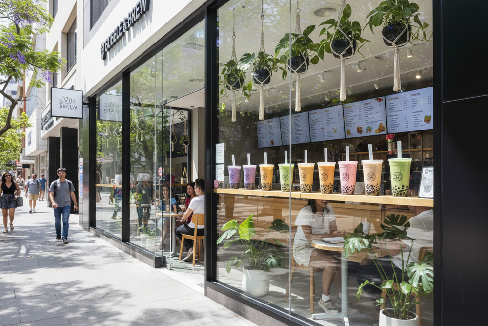 A bubble tea shop viewed from the footpath, with colourful drinks displayed in the front window.