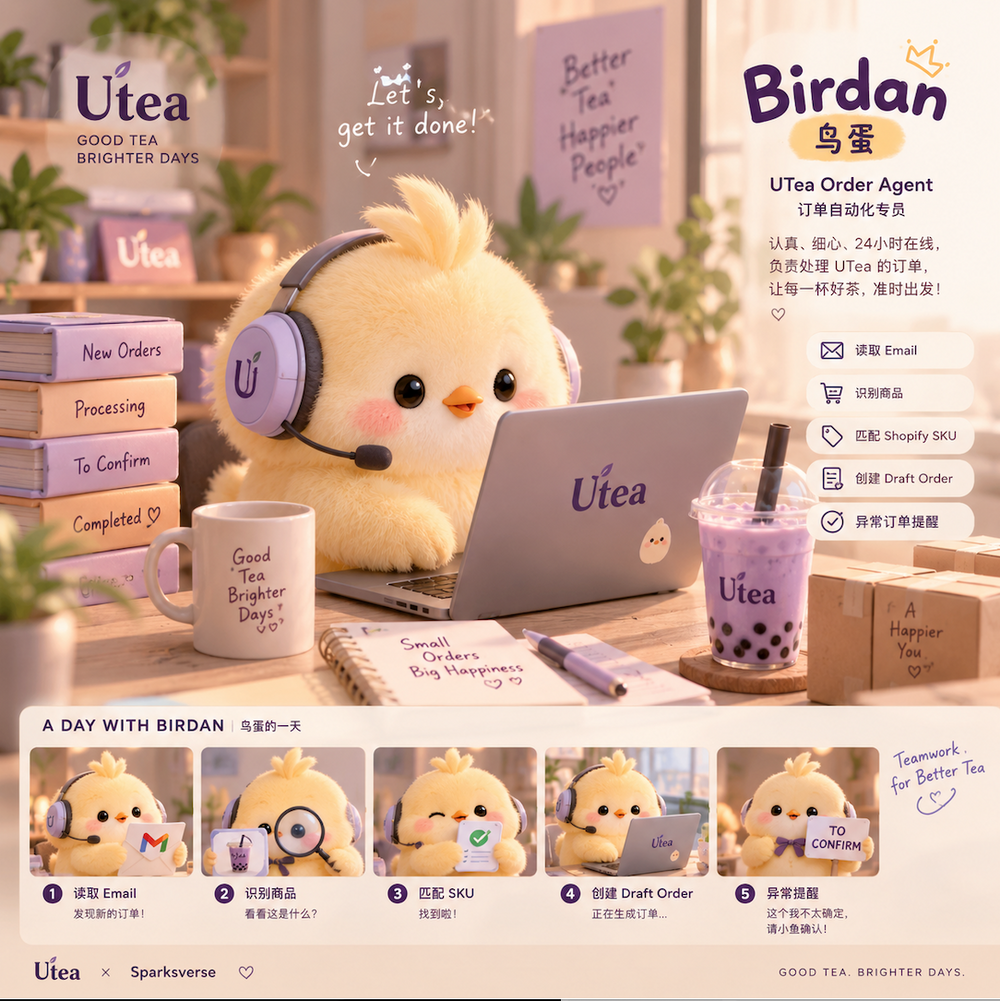 Birdan, UTea's chick mascot at a laptop beside bubble tea and a five-step order workflow.