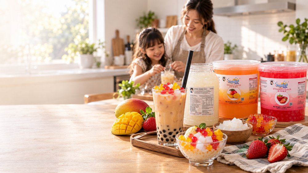 Mango and strawberry popping boba tubs beside a milk tea and a dessert bowl topped with popping boba, with fresh mango and strawberries on a kitchen table
