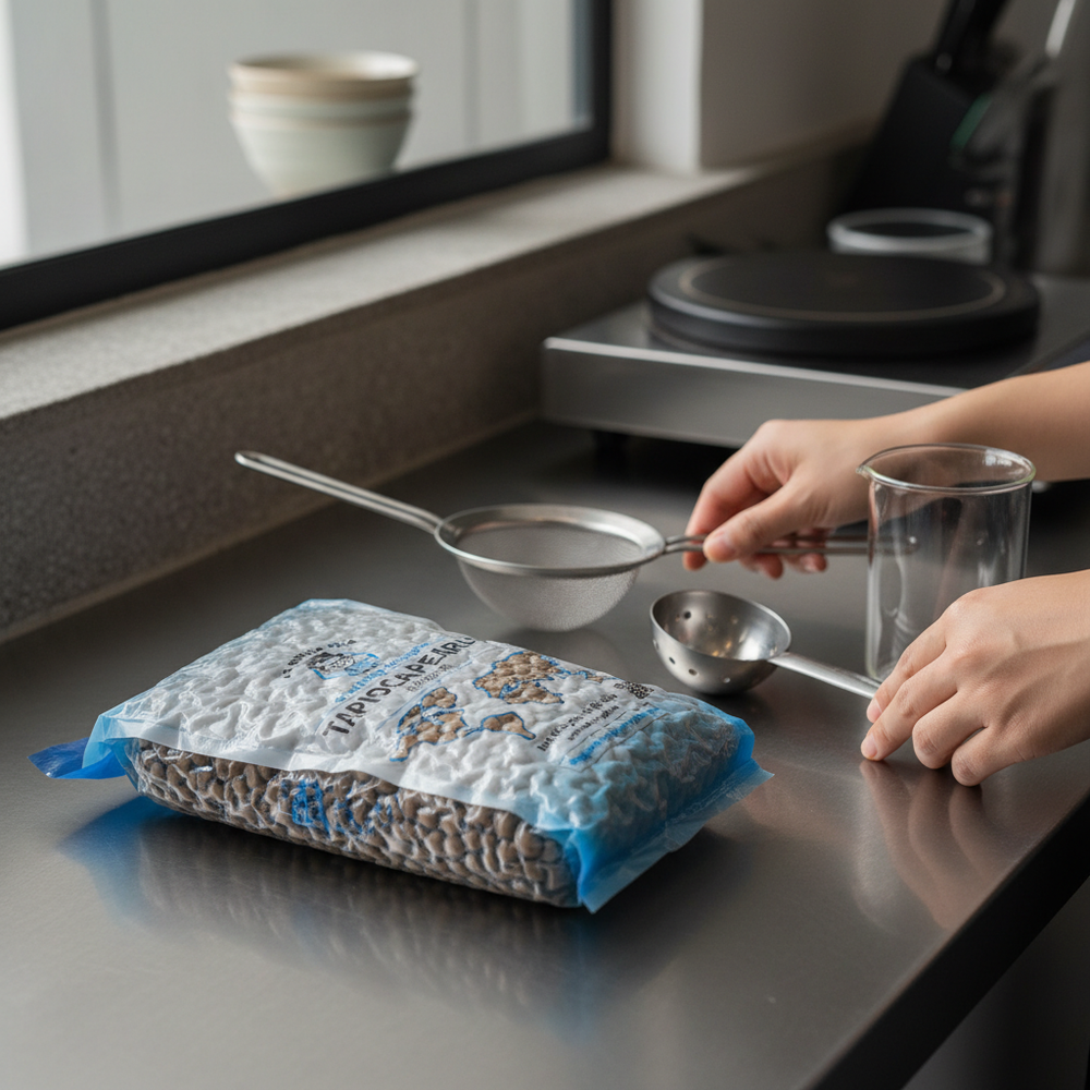 Vacuum-sealed bag of dry tapioca pearls beside a mesh strainer, ladle and measuring cup on a kitchen bench