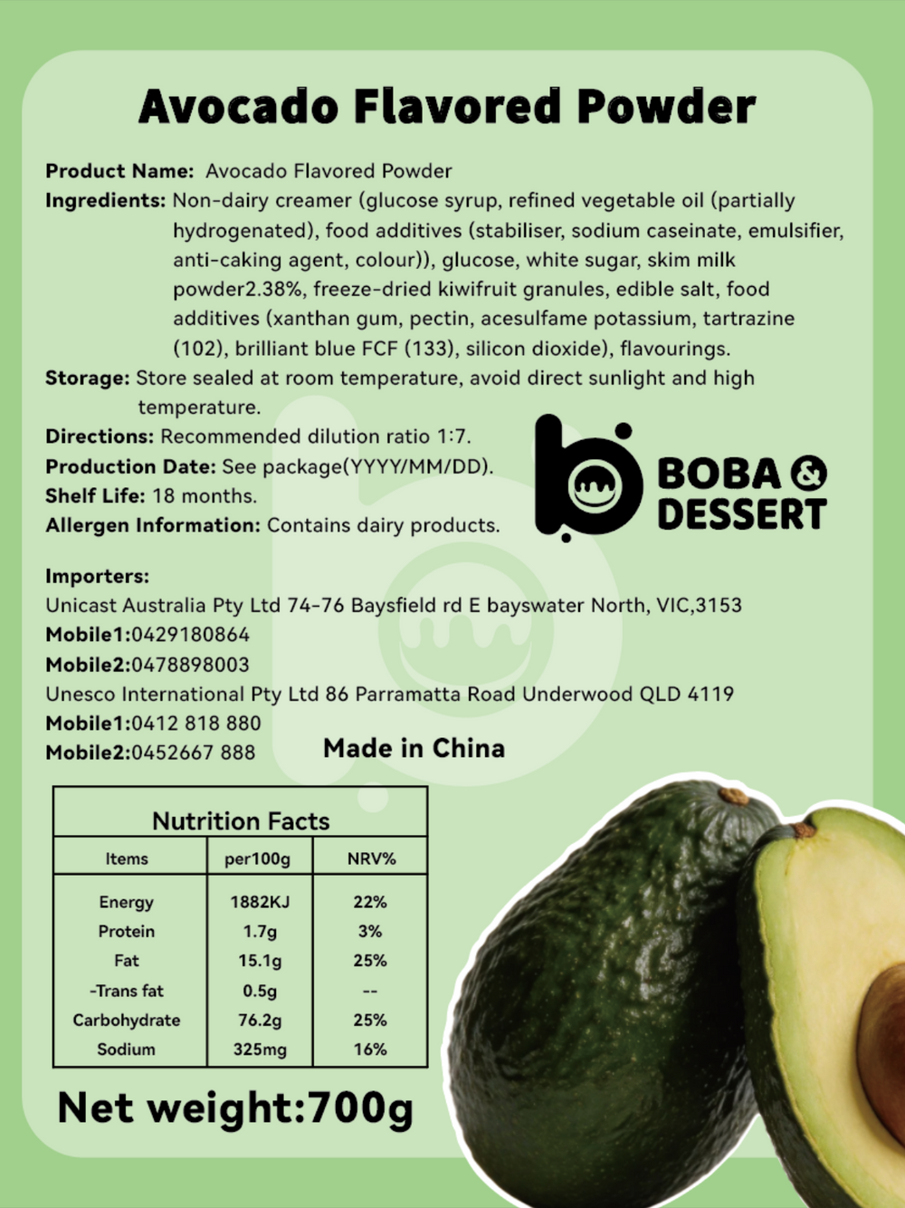 Avocado Flavored Powder 700g – prepared avocado drink