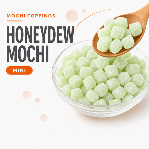 Mini honeydew mochi pieces in a glass bowl