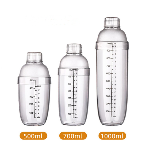Three clear shaker cups in 500 mL, 700 mL and 1000 mL sizes
