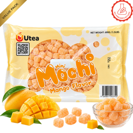 Mini Q Mochi Value Pack Mango 680g – yellow UTea mochi bag with diced mango and a bowl of mango mochi