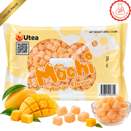 Mini Q Mochi Value Pack Mango 680g – yellow UTea mochi bag with diced mango and a bowl of mango mochi