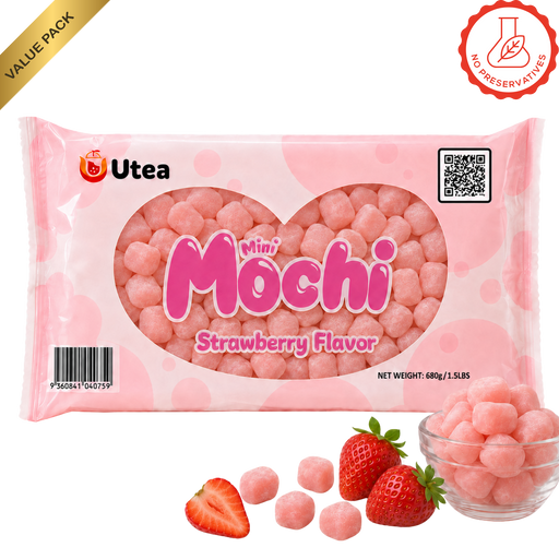 Mini Q Mochi Value Pack Strawberry 680g – pink UTea mochi bag with fresh strawberries and a bowl of pink mochi