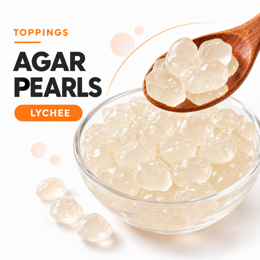 Lychee agar pearls in a glass bowl