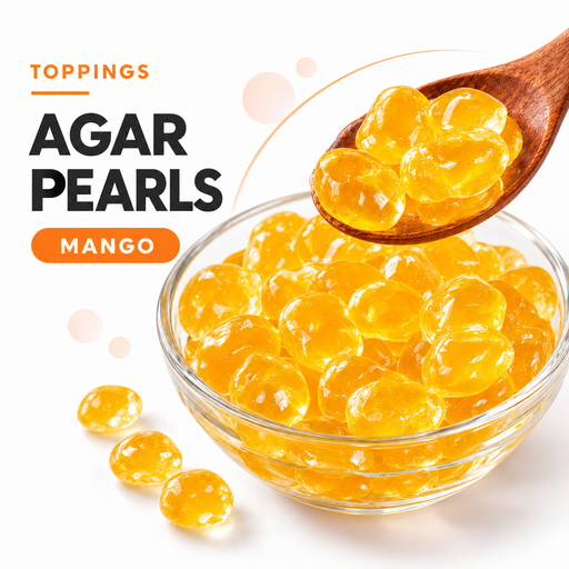 Mango agar pearls in a glass bowl