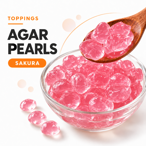 Sakura agar pearls in a glass bowl