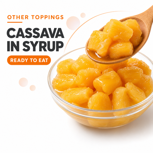 Cassava pieces in syrup in a glass bowl and wooden spoon