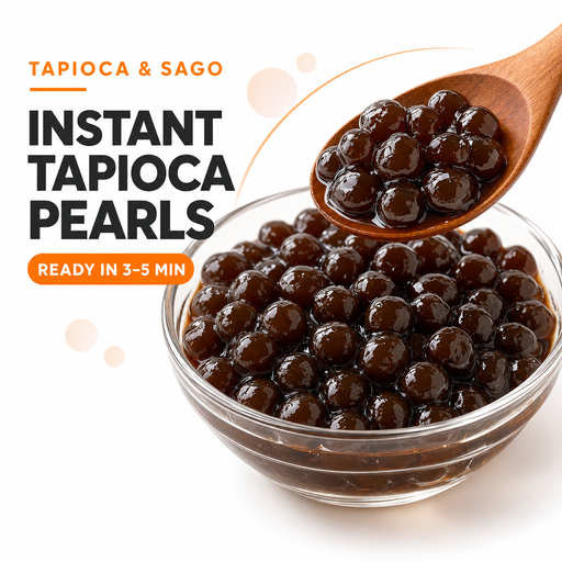 Instant Tapioca Pearls in amber-brown syrup in a serving bowl